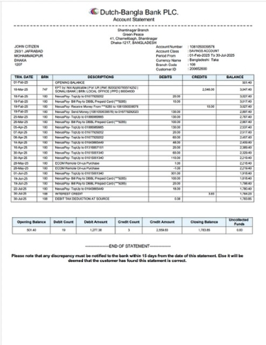 Download Bangladesh Dutch Bangla bank Limited account statement word